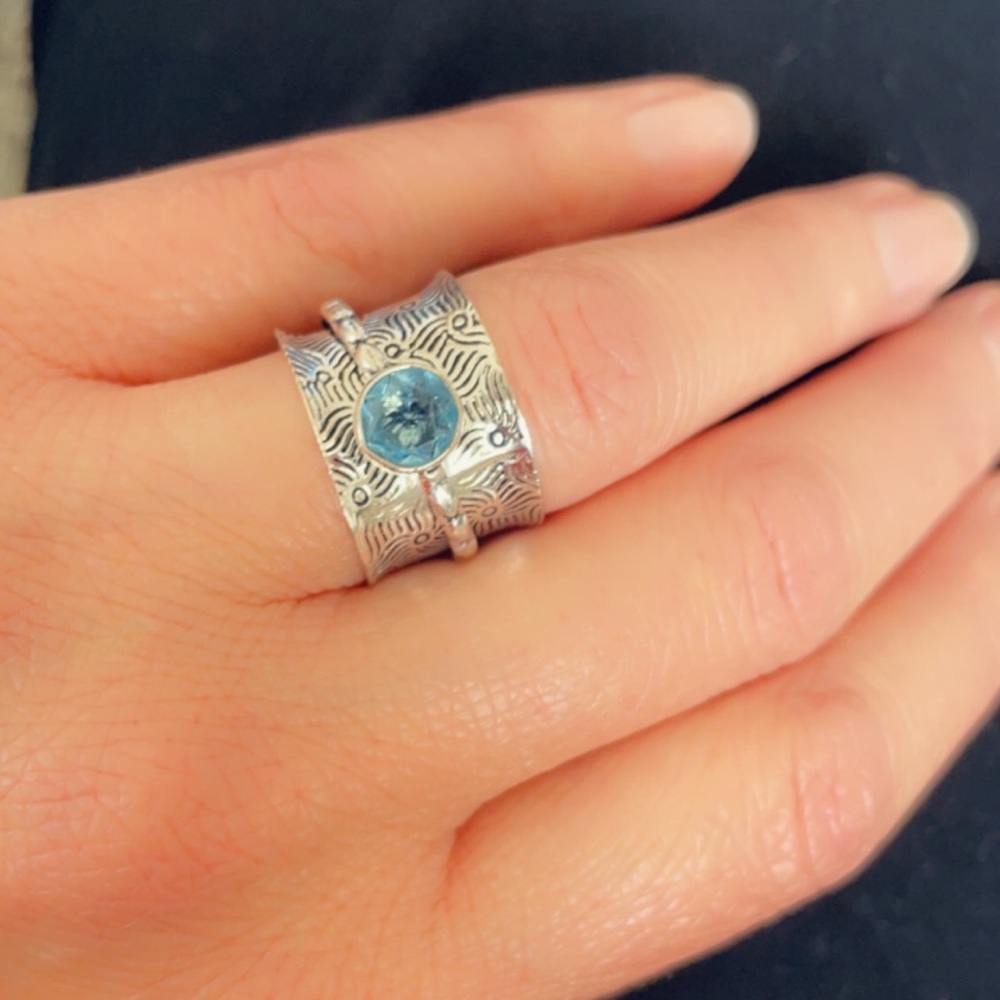 Fidget Ring Blue Topaz Spinner Sterling Silver Artisan Anxiety Ring